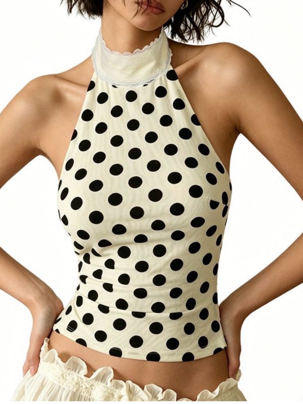 High Neck Polka Dot Halter Top - Cream/Black-NWT!